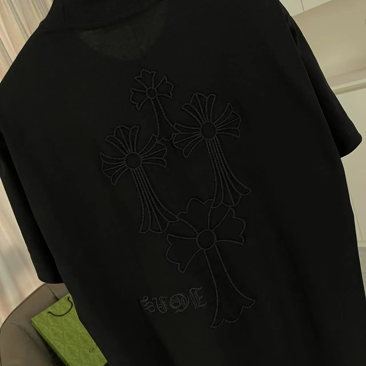🅿️200 ch Cro* 2025 summer new style Sanskrit horseshoe cross cross vacuum embroidery short-sleeved t-shirt custom fabric 300g same style for men and women Size: S M L XL XXL Five codes Color: black white